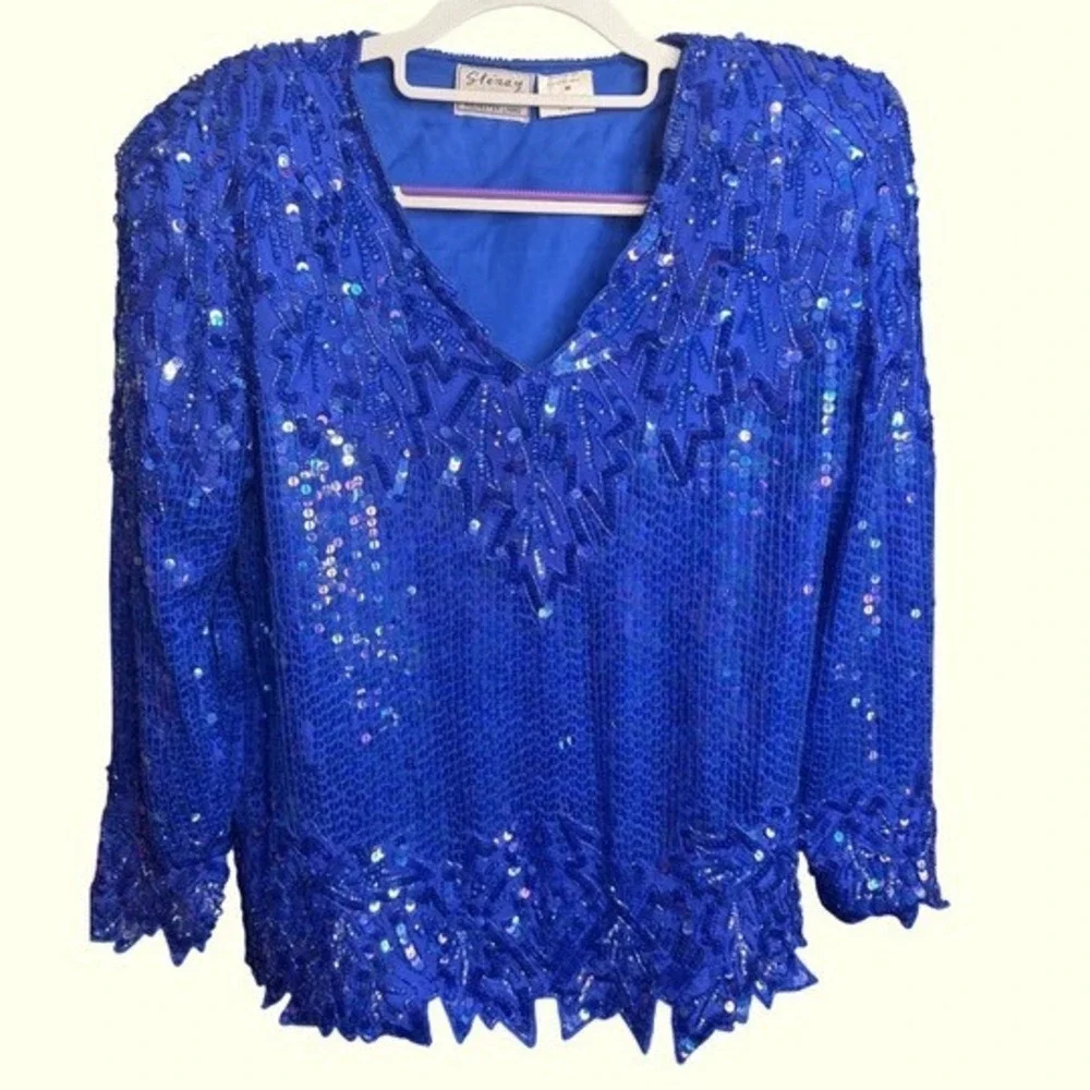 Stenay Vintage Silk Sequin Skirt Set Purple Blue‎ Beaded 2 Piece Evening Suit M